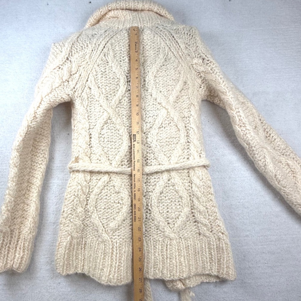 Y2K PINK Cream 100% Wool Cable Knit Belted Cardigan Sweater M Grandpa prepy - Picture 7 of 10